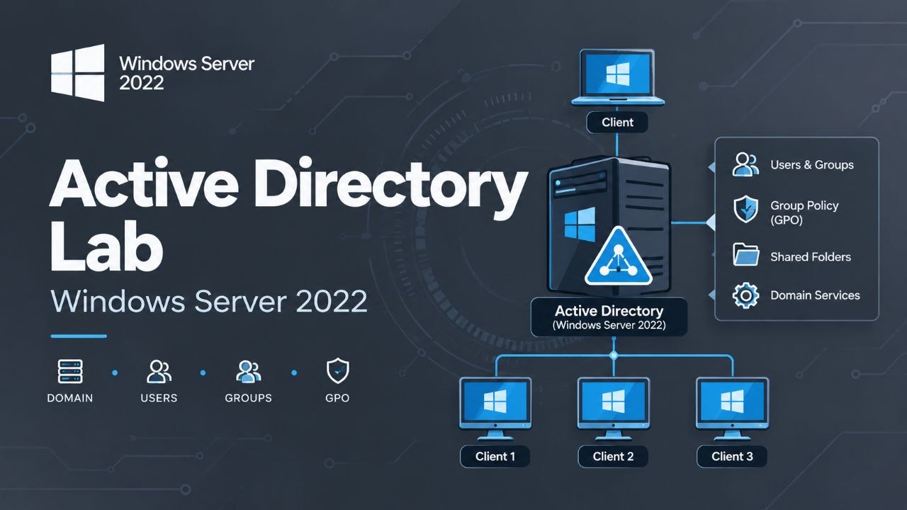 Active Directory lab cover — Windows Server domain controller with clients